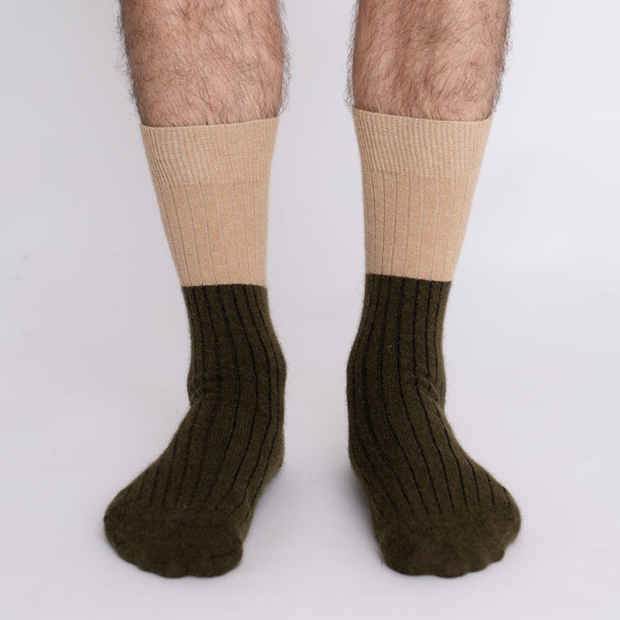 Possum Merino Wool DUNEDIN Double Color Socks, Military Olive + Beige
