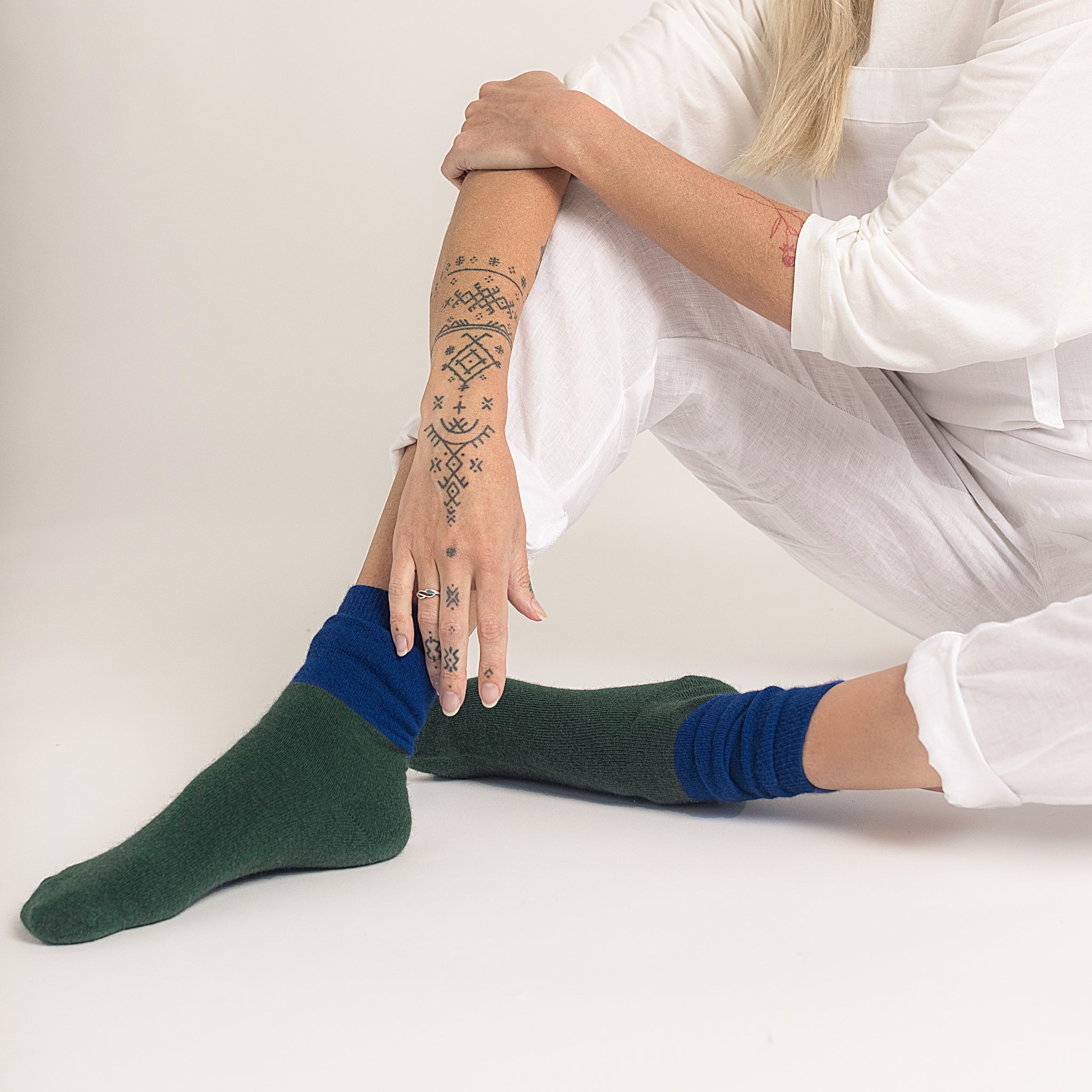 Possum Merino Wool DUNEDIN Double Color Socks, Greener Pasture + Lapis Blue